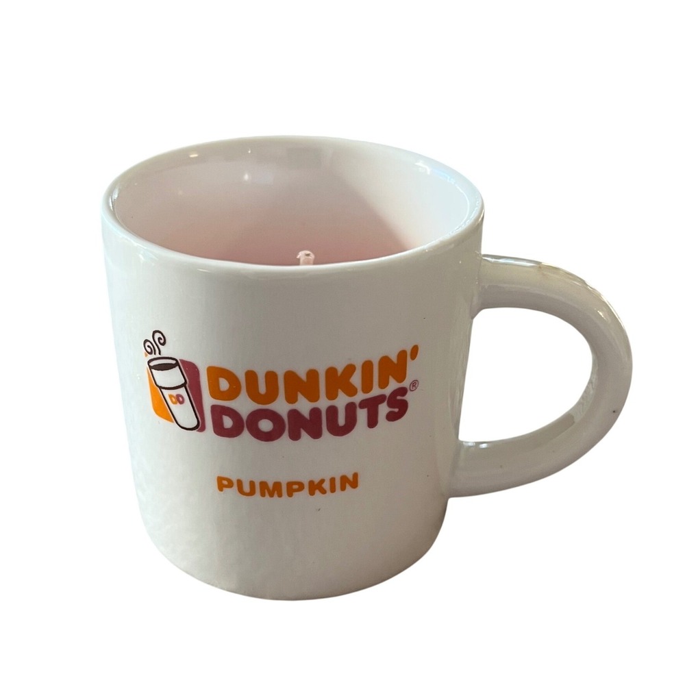 Dunkin‎ Donuts Pumpkin Scented Candle 2oz Mini Espresso Mug Ceramic White Orange